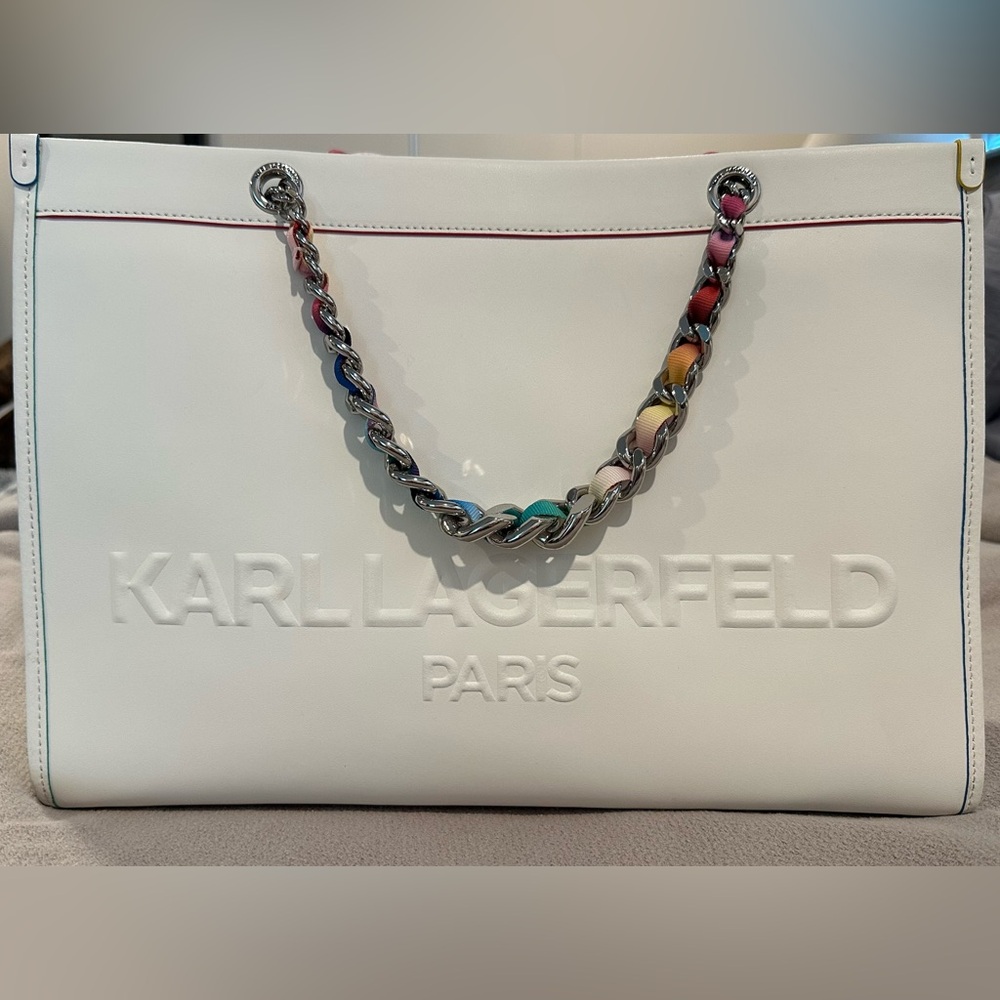 EUC Karl Lagerfeld White Savoie Leather Tote Bag w/ Multicolor Rainbow Chain